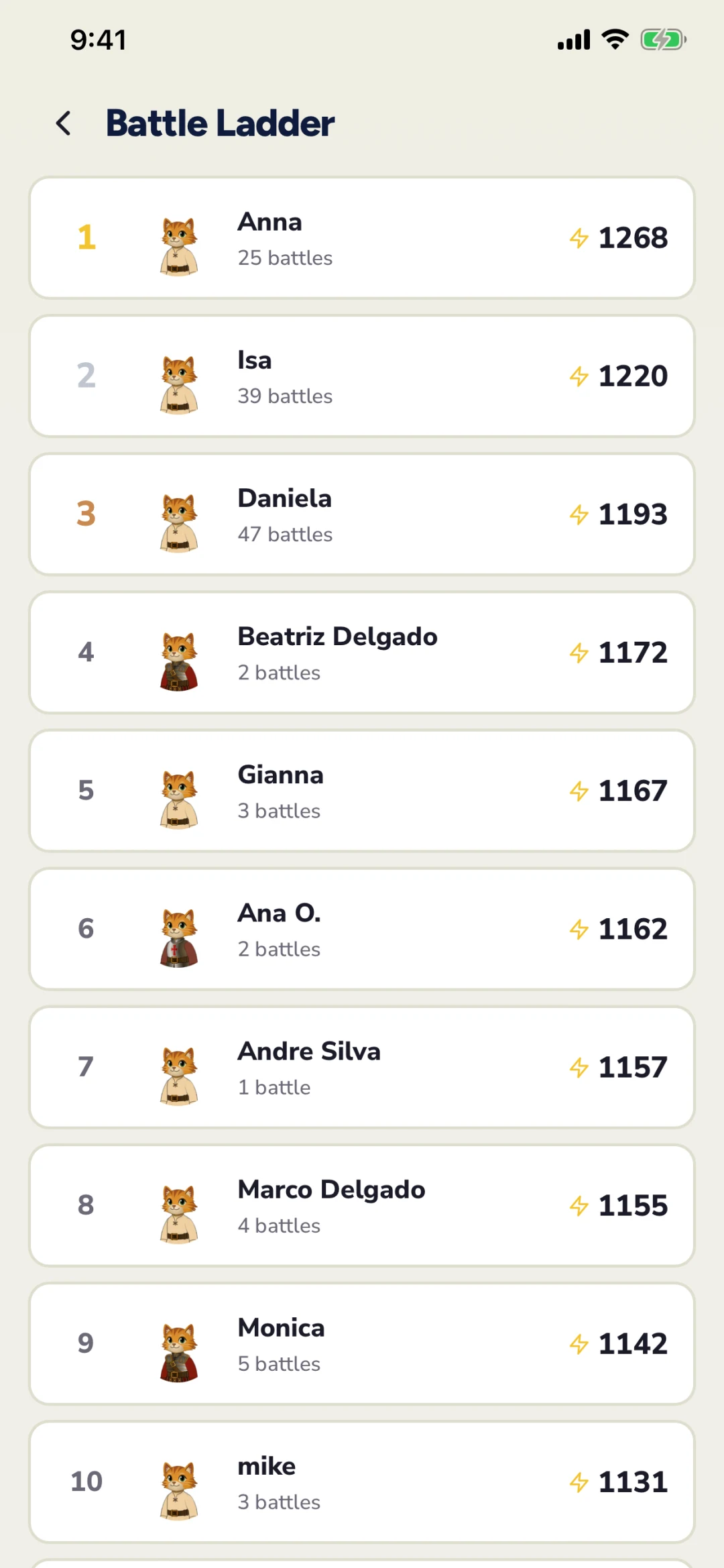 The battle ladder: your rating, quick match, and recent results