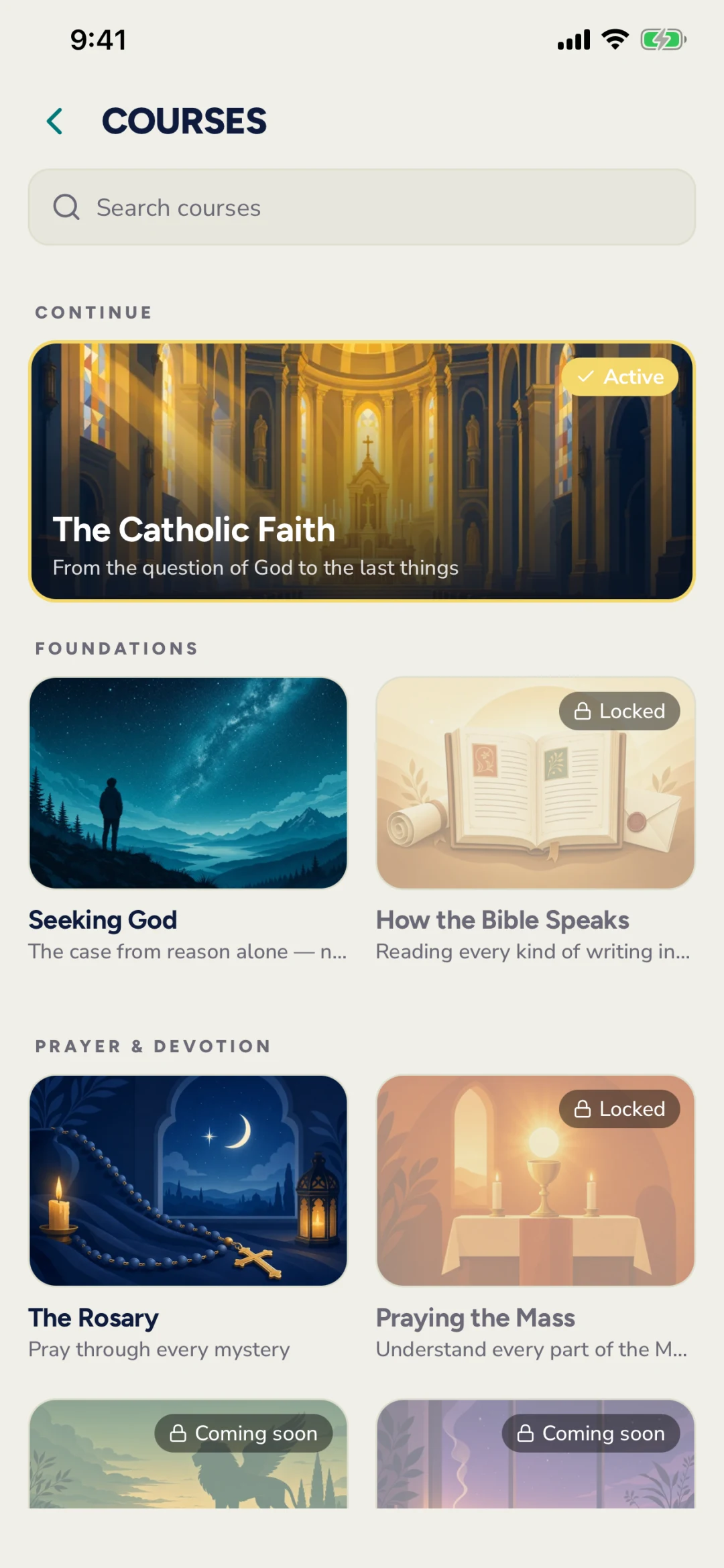 The course picker: The Catholic Faith, Seeking God, The Rosary, Praying the Mass, and more