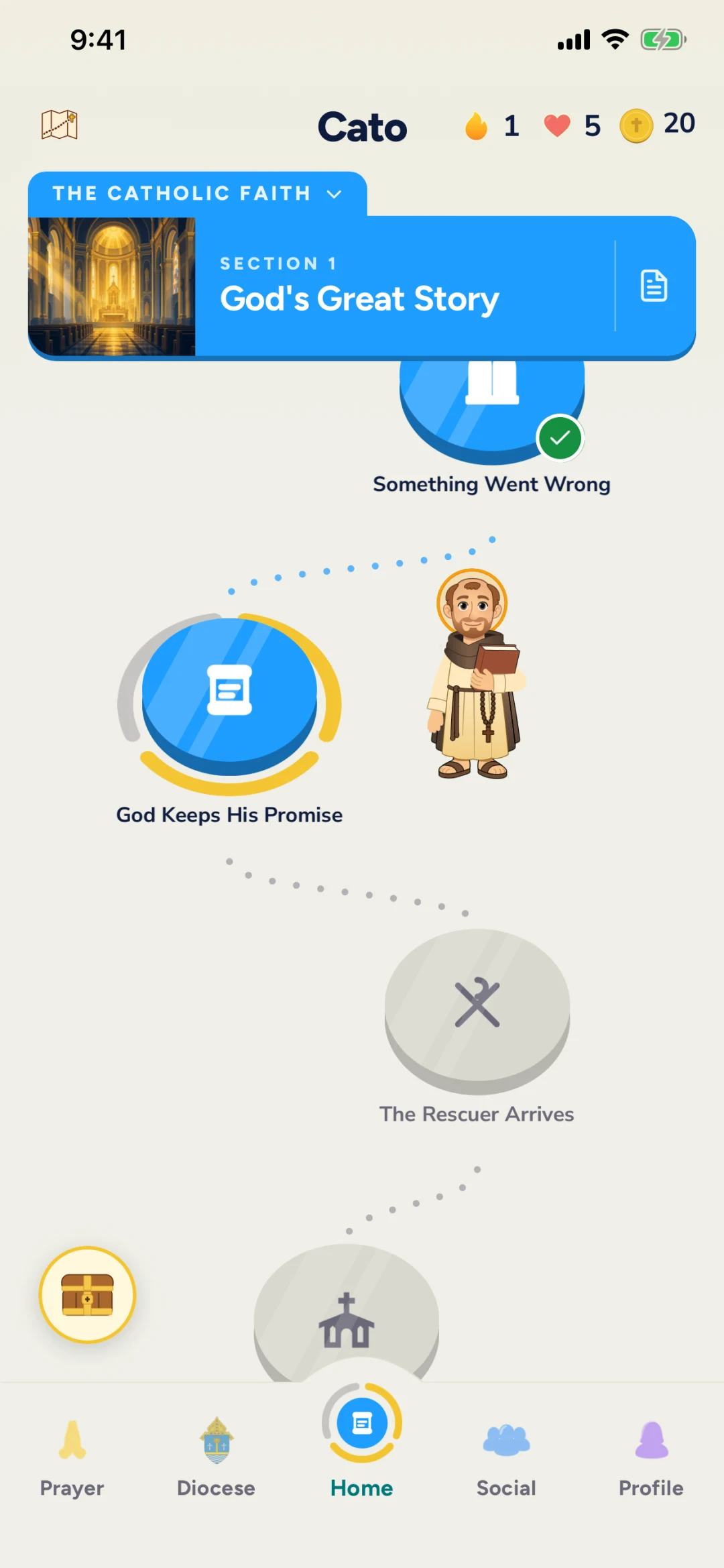 Home: the lesson path with a saint beside the next node