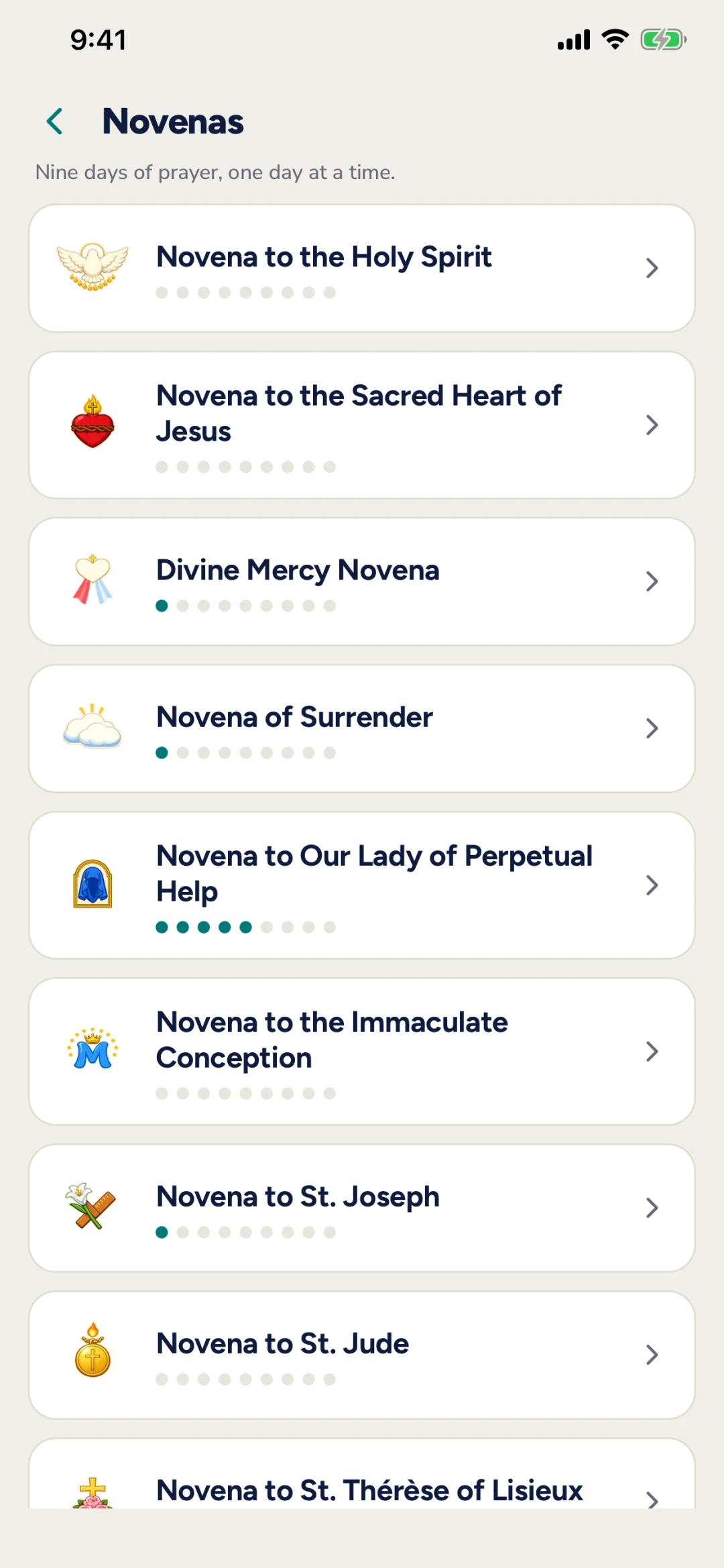 The list of twelve novenas with day-by-day progress