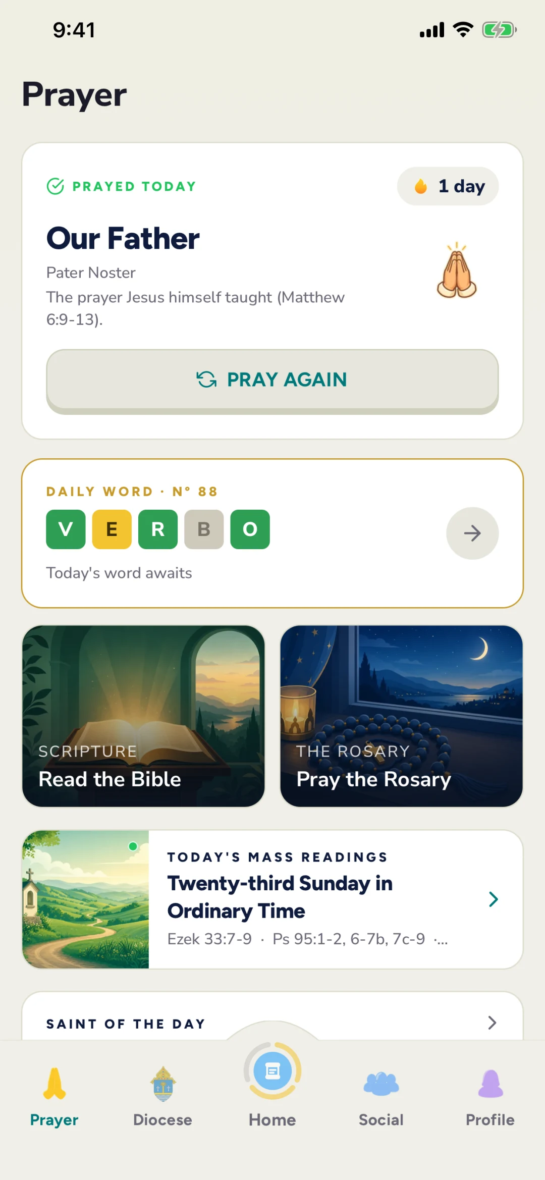 The Prayer tab: today's prayer, the daily Verbo word, the Bible, the Rosary, and today's Mass readings