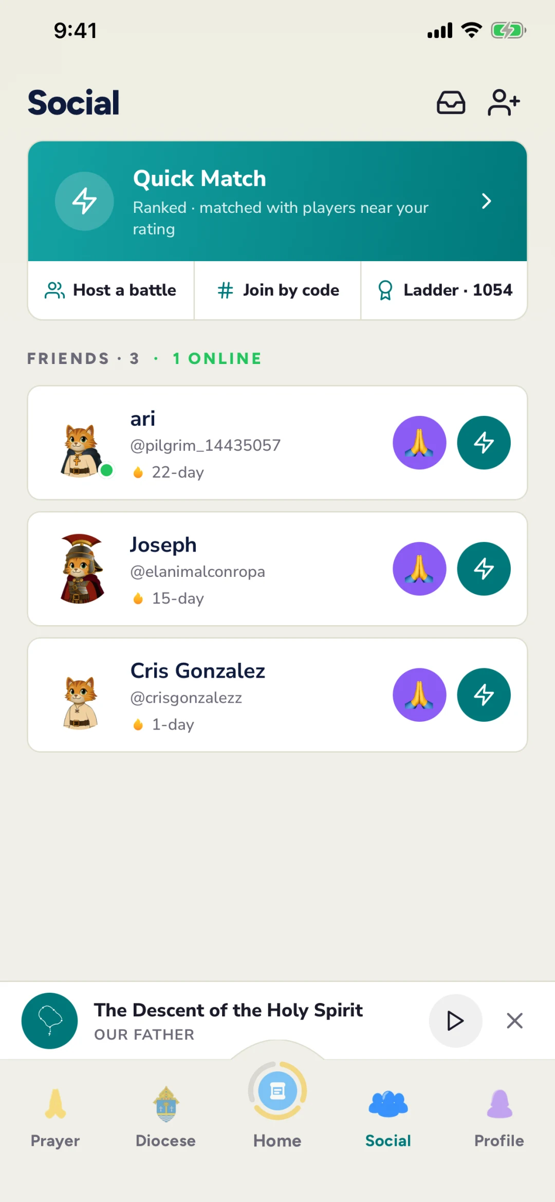 The Social tab: Quick Match, host a battle, and your friends